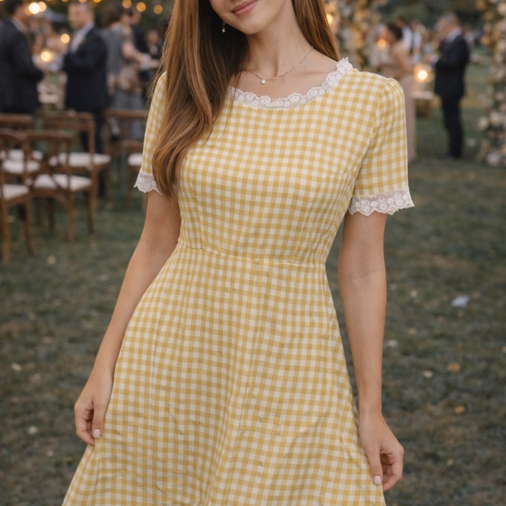 Allegra K Yellow and White Gingham Lace-Trim Midi Dress